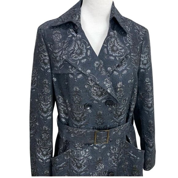 NWT W By Worth Small Navy & Silver Brocade Belted Long Trench Coat Jacket - Picture 2 of 10